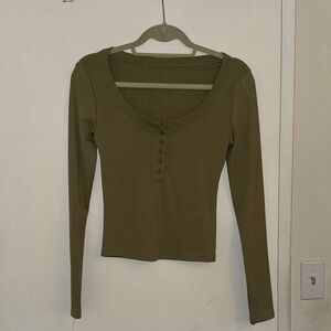 Amazon Olive Button-Front Ribbed Blouse
